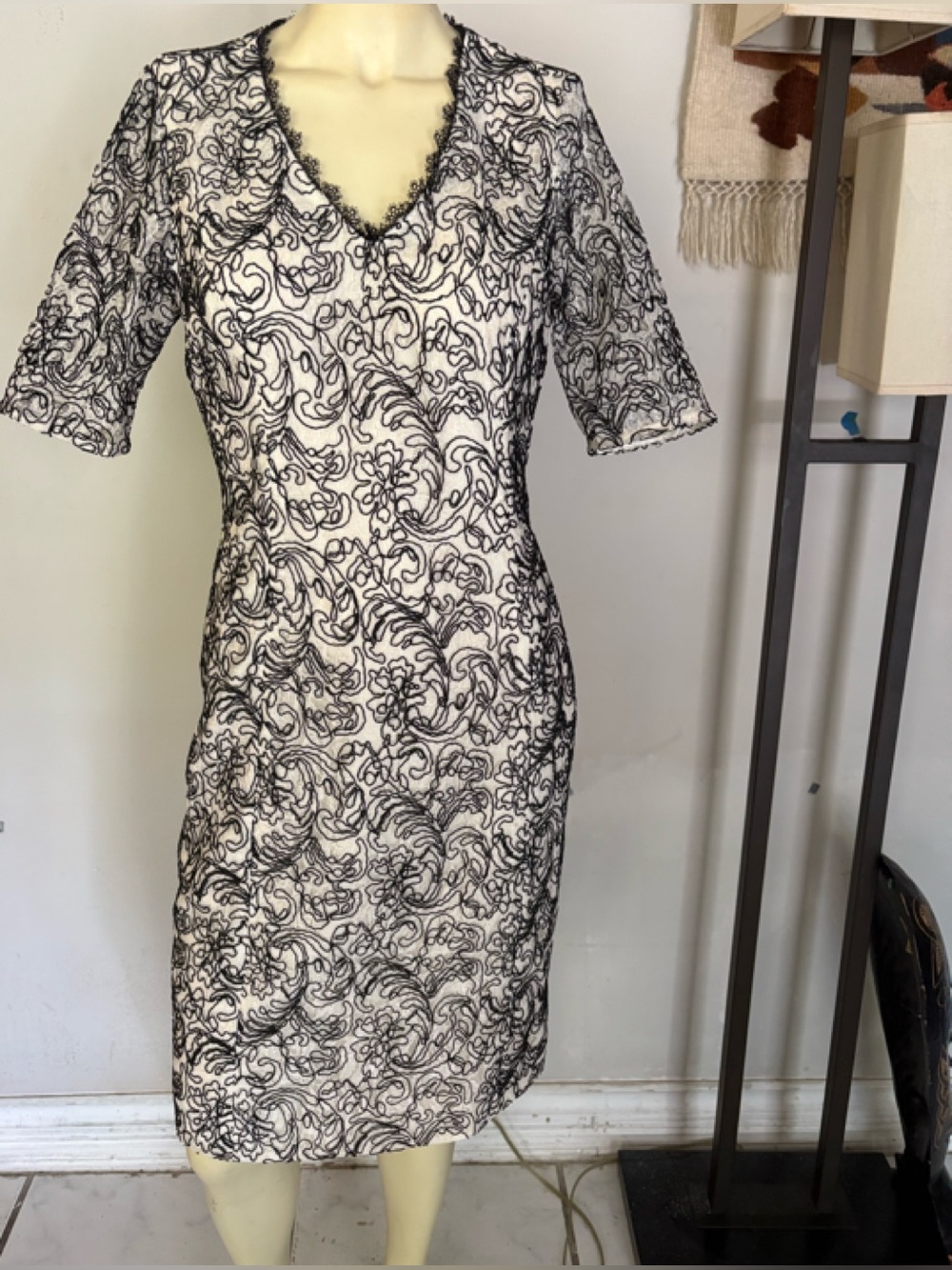 Etcetera Silk Black Lace-Overlay White Midi Dress Size 6